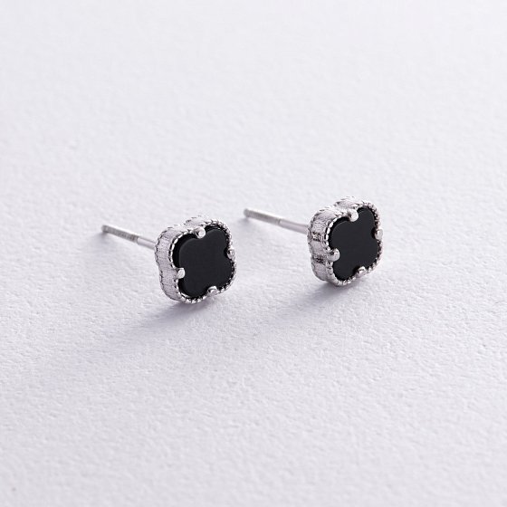 Срібні сережки - пусети "Конюшина" з оніксом mini 123296 №2