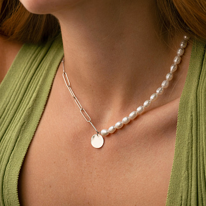 Серебряное колье "Монетка" с жемчугом 908-01436 №2