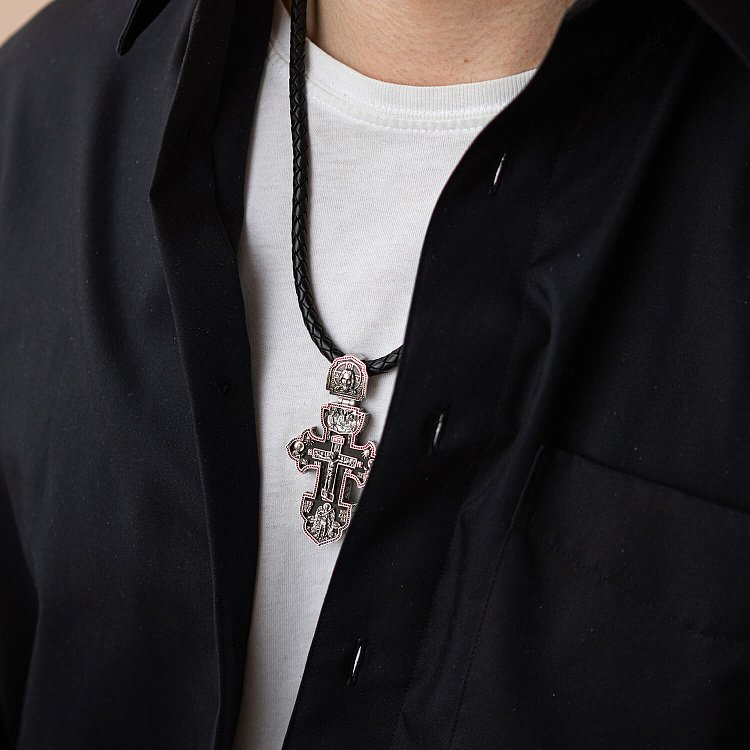 Мужской православный крест "Распятие. Спаси и Сохрани" из эбенового дерева и серебра 1003с от ювелирного магазина Оникс - 5