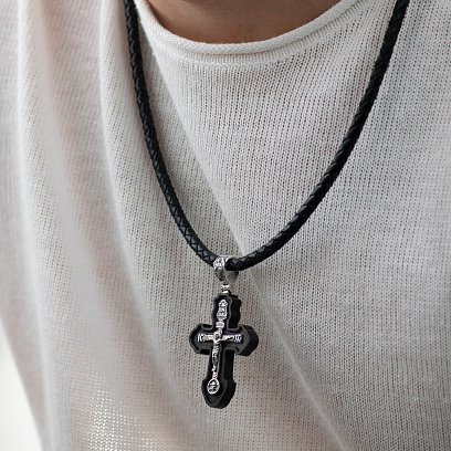 Срібний хрест "Розп'яття. Спаси і Збережи" з ебеновим деревом 631 №3