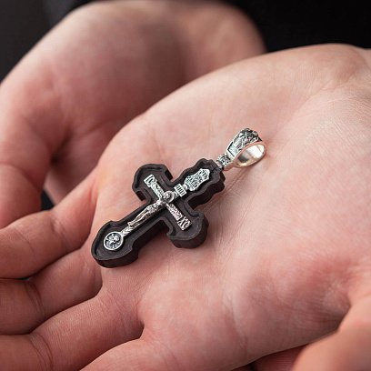 Срібний хрест "Розп'яття. Спаси і Збережи" з ебеновим деревом 631 №7