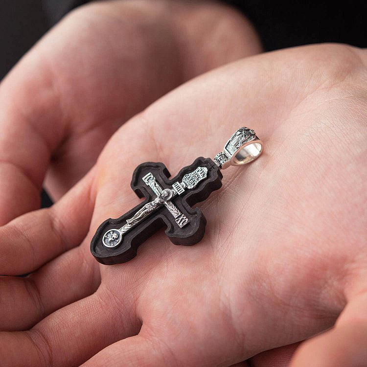 Срібний хрест "Розп'яття. Спаси і Збережи" з ебеновим деревом 631 від ювелірного магазину Онікс - 7