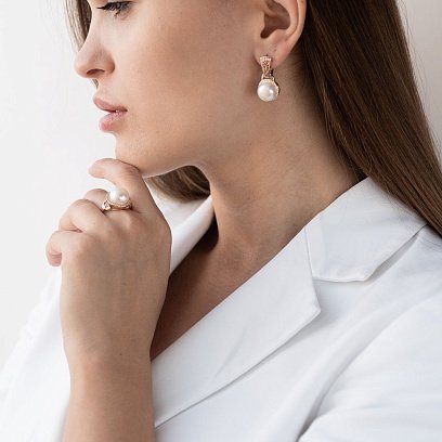 Золоті сережки з перлами і фіанітами с06845 №2