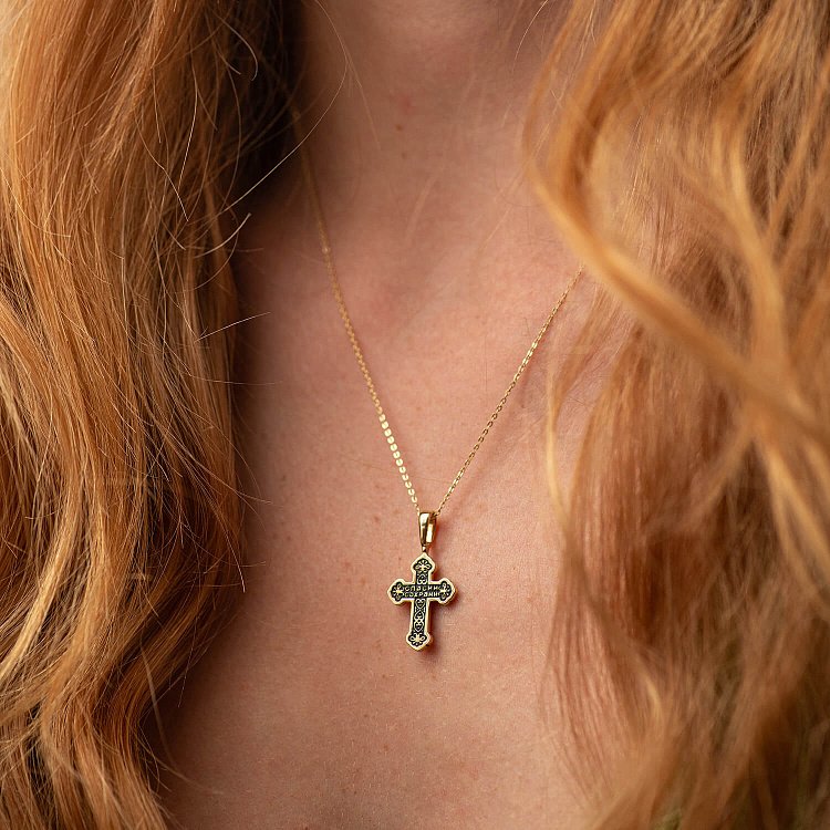 Золотий хрестик "Розп'яття. Спаси і Збережи" з чорнінням п03877 від ювелірного магазину Онікс - 1