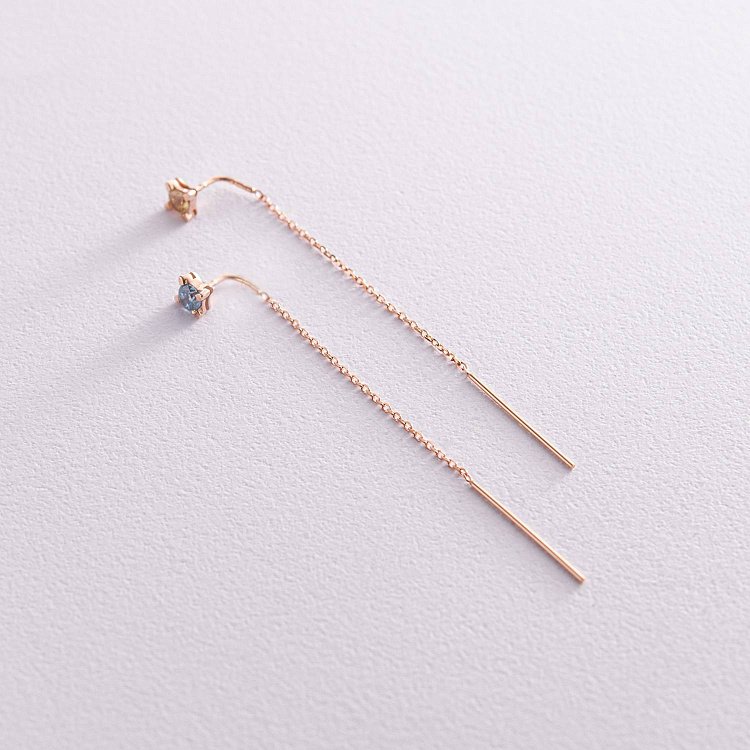 Серьги - протяжки в красном золоте (голубые и желтые фианиты) с08124 от ювелирного магазина Оникс