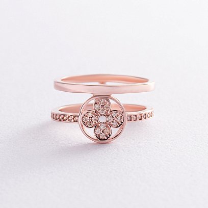 Каблучка "Конюшина" в червоному золоті (жовті фіаніти) к07436