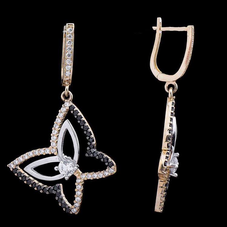 Золотые серьги "Бабочки" с фианитами с02435 от ювелирного магазина Оникс - 3