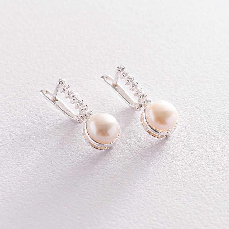 Срібні сережки (культ. прісн. перли, фіаніти) 121022 від ювелірного магазину Онікс