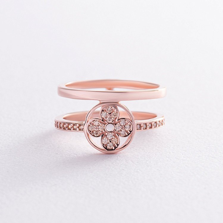 Каблучка "Конюшина" в червоному золоті (жовті фіаніти) к07436 від ювелірного магазину Онікс