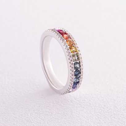 Золота каблучка з різнокольоровими сапфірами і діамантами кб0435nl