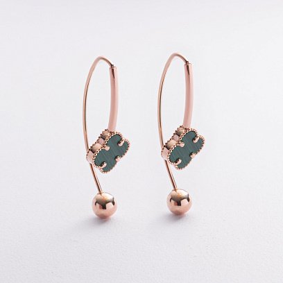 Золоті сережки "Конюшина" з малахітом с09321