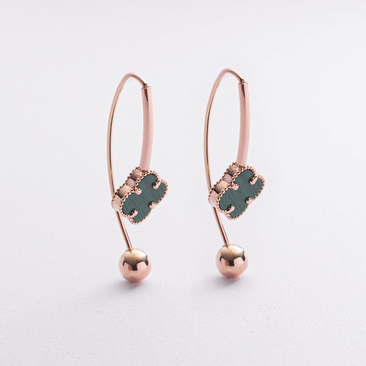 Золоті сережки "Конюшина" з малахітом с09321 від ювелірного магазину Онікс