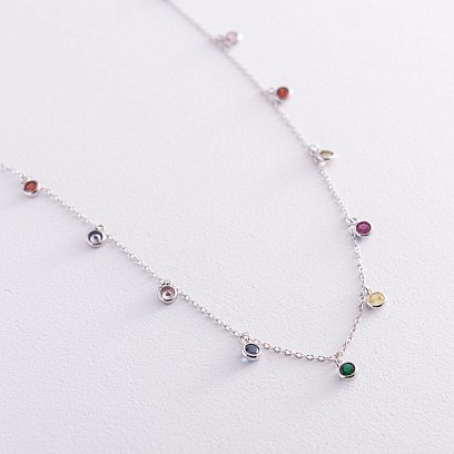 Срібне кольє з різнокольоровими фіанітами 181121