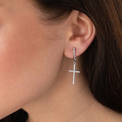 Срібні сережки "Хрестики" з фіанітами 123042