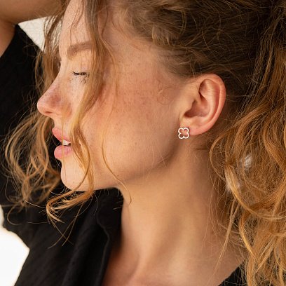 Золотые серьги - пусеты "Клевер" с фианитами с08284 №4