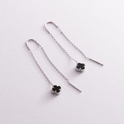 Серебряные серьги - протяжки "Клевер" с ониксом 123173 №2