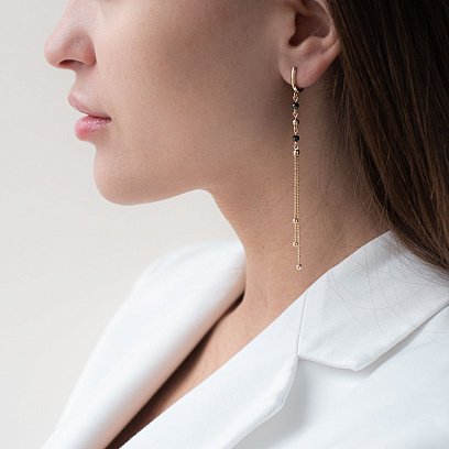 Золотые серьги "Шарики" с черными фианитами с07207 №2