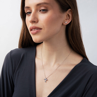 Хрестик у білому золоті (діаманти, сапфіри) пб0389ca №2