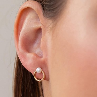 Серьги - пусеты "Круговорот" с жемчугом (желтое золото) с08223 №2