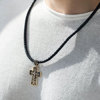 Золотой православный крест "Распятие. Архангел Михаил" с чернением п03873 №2