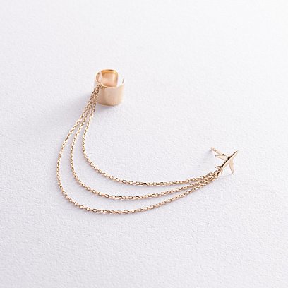 Сережка - каффа "Літак" у жовтому золоті з ланцюжками с08385 №2