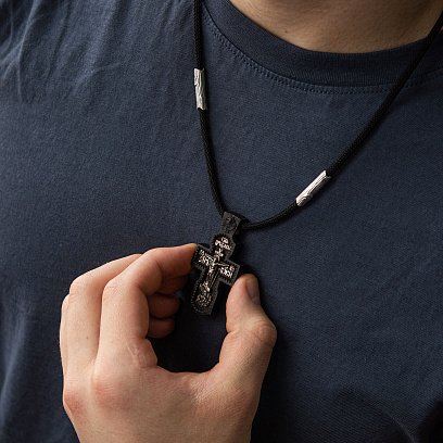 Срібний хрест "Розп'яття. Спаси і Збережи" на шнурку (ебенове дерево) 819 №8