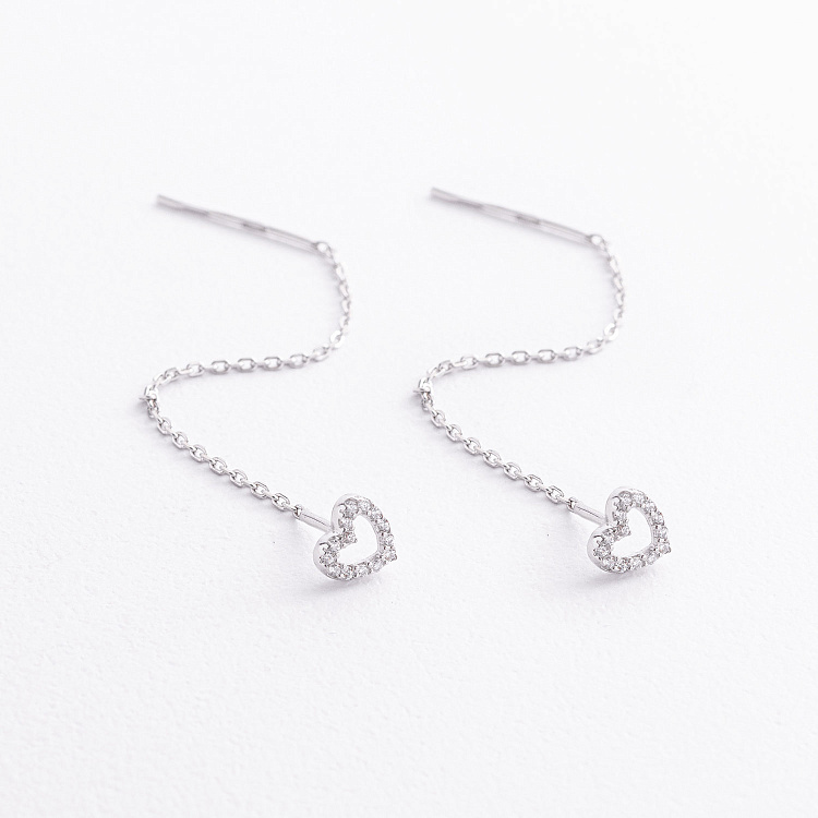 Серебряные серьги - протяжки "Сердечки" с фианитами 902-01587 от ювелирного магазина Оникс