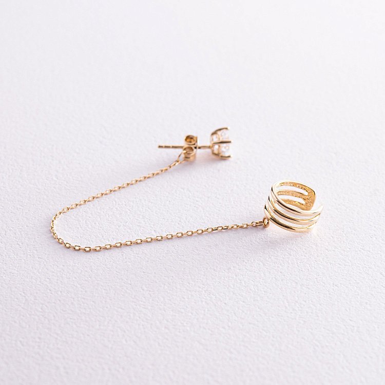 Серьга - каффа "Тринити" в желтом золоте (фианит) с08045 от ювелирного магазина Оникс - 6