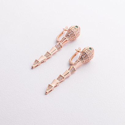 Серьги "Змеи" с фианитами (красное золото) с09441