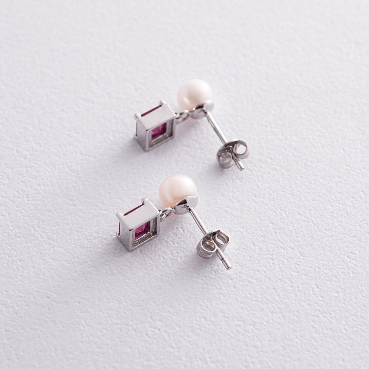 Золотые серьги - пусеты "Альма" (розовые фианиты, жемчуг) с08247 от ювелирного магазина Оникс - 6