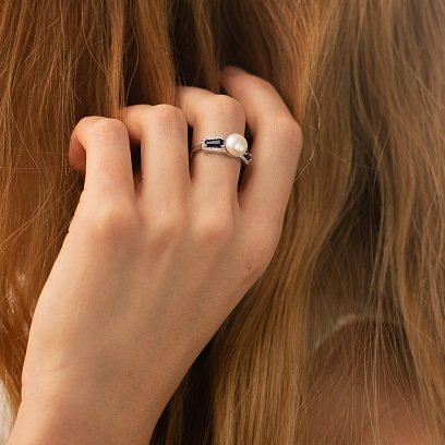 Серебряное кольцо с жемчугом, гидротерм. сапфирами и фианитами 1838-1р-PWTNS №4