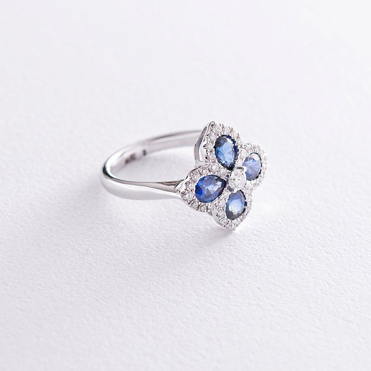 Золотое кольцо "Клевер" (бриллианты, сапфиры) R01608mi от ювелирного магазина Оникс - 2