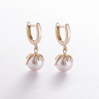 Серьги в желтом золоте (культ. пресн. жемчуг) с08590