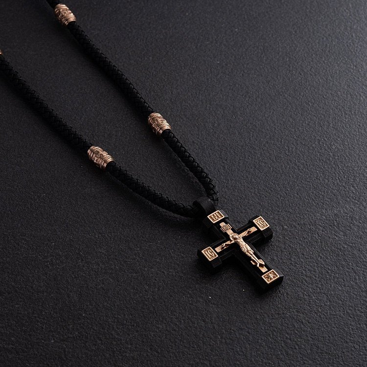 Чоловічий православний хрест "Розп'яття. Спаси та Збережи" на шнурі з ебенового дерева та золота кол02245 від ювелірного магазину Онікс - 7