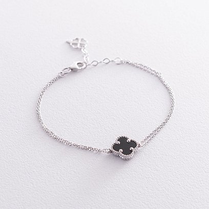 Двойной браслет "Клевер" в белом золоте (оникс) б04709 №2