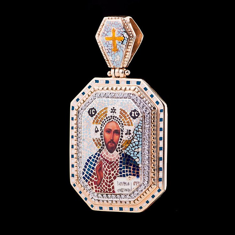 Золотая ладанка с фианитами и эмалью п00561 от ювелирного магазина Оникс