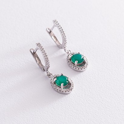 Срібні сережки з хризопразами і фіанітами 121404