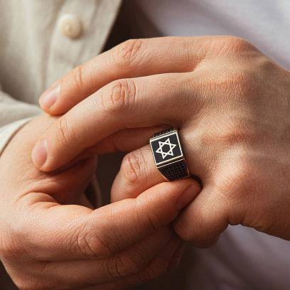 Чоловіча золота печатка "Зірка Давида" (фіаніти, емаль) к06979 №3