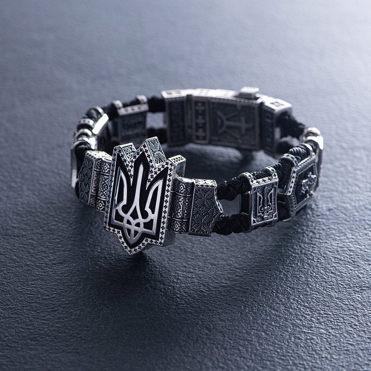 Мужской серебряный браслет "Герб України - Тризуб. Україна понад усе" с эбеном 1080 от ювелирного магазина Оникс