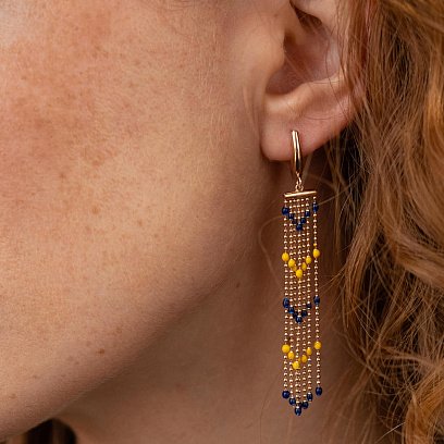 Патриотические серьги с цепочками в красном золоте (синяя и желтая эмаль) с08121 №2