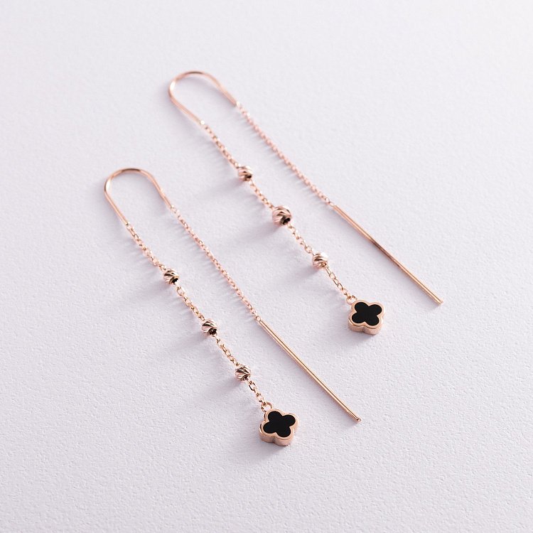 Золоті сережки - протяжки "Конюшина" (емаль) с07611 від ювелірного магазину Онікс