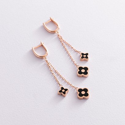 Золотые серьги "Клевер" с емалью с07752