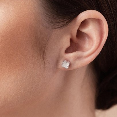 Cерьги - пусеты "Клевер" с перламутром mini (белое золото) с08413 №5