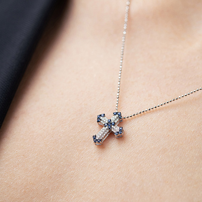 Хрестик у білому золоті (діаманти, сапфіри) пб0389ca №6