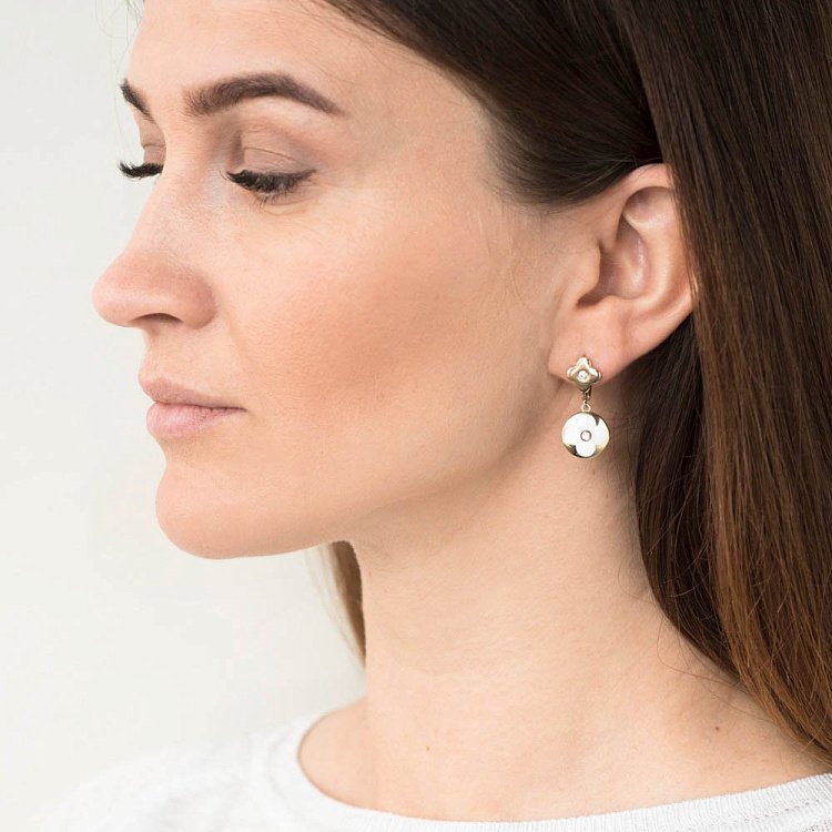 Золотые серьги "Клевер" (эмаль, фианит) с05387 от ювелирного магазина Оникс - 2