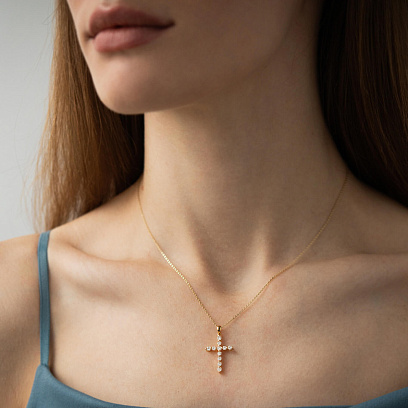 Крестик в желтом золоте с бриллиантами пб0382ri №2