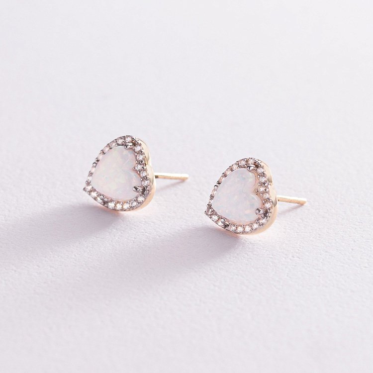 Золотые серьги-пусеты "Сердечки" (им. опал, фианит) с06328 от ювелирного магазина Оникс - 3