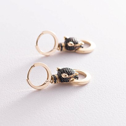 Золоті сережки "Пантера" (чорні фіаніти) с04483 №4