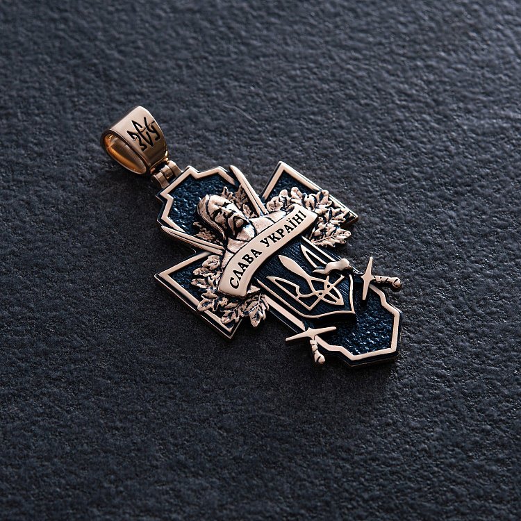 Золотой крест "Український козак. Слава Україні. На звороті - Спаси і Збережи" п03884 от ювелирного магазина Оникс