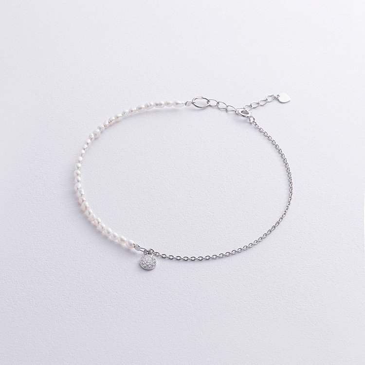 Срібний браслет на ногу (культ. прісн. перли, фіаніти) 905-01603 від ювелірного магазину Онікс